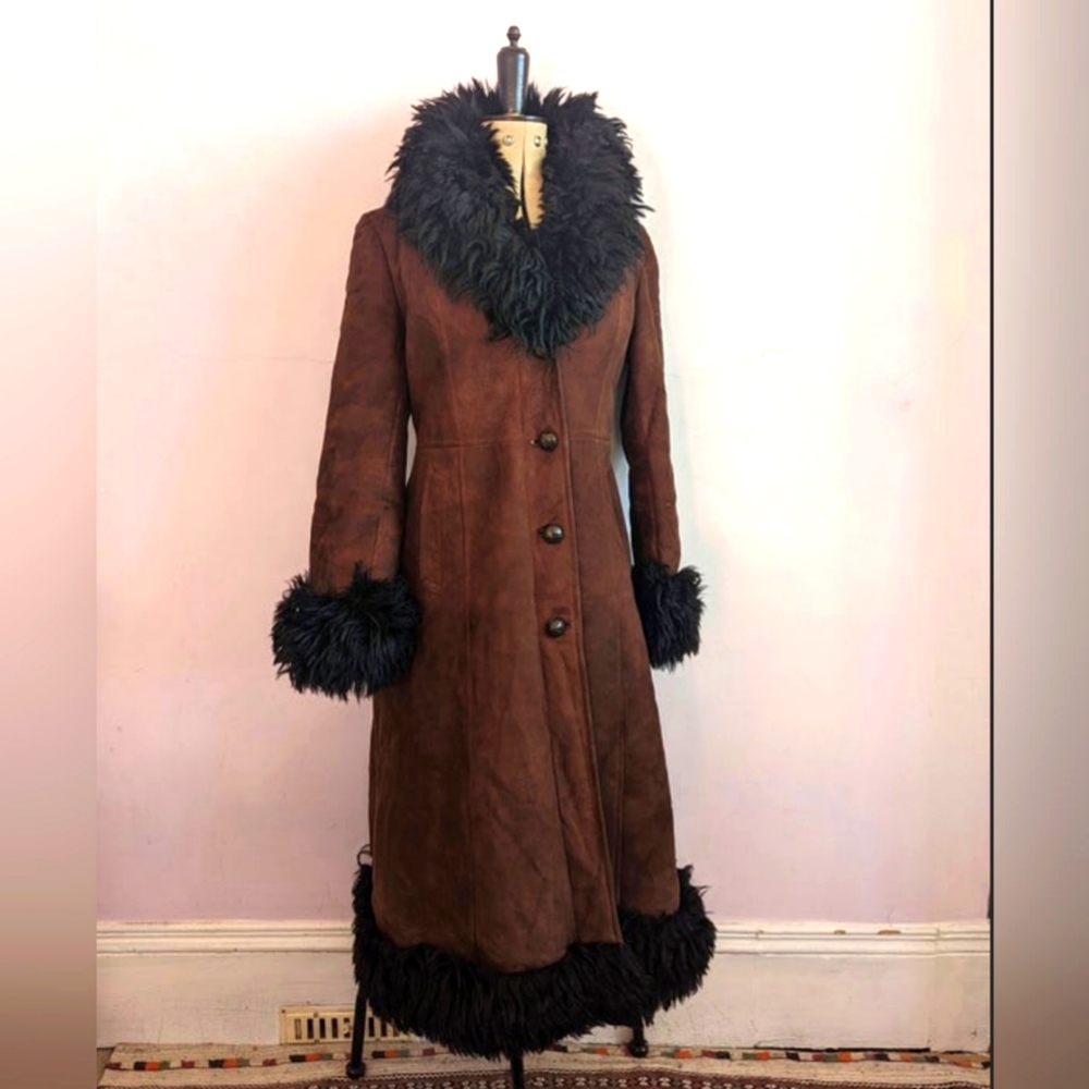 Vintage long brown real shearling Afghan coat, penny lane coat, boho, size small